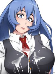 Rule 34 | 1girl, artist name, between breasts, blue eyes, blue hair, blush, boku no hero academia, breasts, cum, cum on body, cum on breasts, cum on upper body, hadou nejire, highres, large breasts, long hair, looking at viewer, necktie, necktie between breasts, red necktie, school uniform, shirt, shymiruku, solo, tongue, tongue out, upper body, very long hair, vest, white background, white shirt