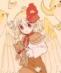 Rule 34 | 1girl, animal, animal on head, bird, bird on head, bird wings, blonde hair, chick, dress, feathered wings, holding, holding stuffed toy, itomugi-kun, long sleeves, multicolored hair, niwatari kutaka, on head, orange dress, parted lips, red eyes, red hair, shirt, short hair, solo, stuffed toy, touhou, two-tone hair, white shirt, wings, yellow wings