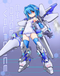 Rule 34 | 1girl, blue hair, blue thighhighs, breasts, cameltoe, densou tenshi valforce, full body, hair intakes, highres, huge weapon, kannagi ai, karukan (monjya), lance, mecha musume, one-piece swimsuit, polearm, red eyes, school swimsuit, short hair, small breasts, solo, swimsuit, swimsuit costume, thighhighs, thrusters, weapon, white one-piece swimsuit