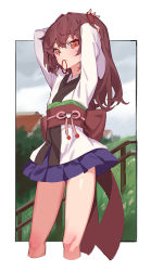 Rule 34 | 1girl, adjusting hair, arms up, border, brown hair, brown sash, closed mouth, commentary, cropped legs, grass, hair tie, headgear, japanese clothes, kimono, long hair, long sleeves, looking at viewer, mouth hold, obi, orange eyes, outside border, pleated skirt, purple skirt, railing, sash, skirt, solo, standing, touhoku kiritan, tying hair, voiceroid, white border, white kimono, wide sleeves, yamamomo (plank)