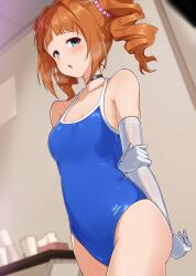 Rule 34 | 1girl, absurdres, armpit crease, arms behind back, ass, blue eyes, blue one-piece swimsuit, blush, breasts, chestnut mouth, choker, commentary request, cup, disposable cup, elbow gloves, gloves, half-closed eyes, heart, heart choker, highleg, highleg swimsuit, highres, idolmaster, idolmaster (classic), indoors, looking at viewer, medium hair, one-piece swimsuit, orange hair, sidelocks, small breasts, solo, swimsuit, table, takatsuki yayoi, thighs, tissue box, twintails, twogie, white gloves