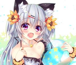 Rule 34 | 1girl, :d, animal ears, ball, beachball, bikini, breast press, breasts, cat ears, collarbone, fang, flower, hair between eyes, hair flower, hair ornament, hairclip, hands up, heart, heart hair ornament, highres, jewelry, large breasts, long hair, looking at viewer, necklace, ooji cha, open mouth, original, oziko (ooji cha), purple eyes, scrunchie, shiny skin, silver hair, smile, solo, star (symbol), star necklace, starry background, sunflower, swimsuit, two side up, upper body, white bikini, wrist scrunchie