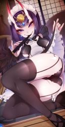 Rule 34 | 1girl, alternate costume, ankle strap, ass, bad id, bad pixiv id, black footwear, black thighhighs, blunt bangs, breasts, clothes lift, commentary, duster, earrings, english commentary, enmaided, fangs, fate/grand order, fate (series), feather duster, garter straps, high heels, highres, horns, indoors, jewelry, lifted by self, light particles, looking at viewer, maid, maid headdress, mary janes, merunyaa, nail polish, on floor, oni, open mouth, purple eyes, purple hair, shoes, short hair, shuten douji (fate), skin-covered horns, skirt, skirt lift, small breasts, smile, solo, strappy heels, tatami, thick eyebrows, thighhighs, tsurime