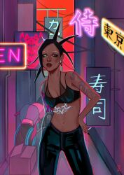 Rule 34 | 1girl, artificial eye, black hair, breasts, brown eyes, cigarette, city, cyberpunk, dark skin, highres, holding, joints, long hair, looking at viewer, mechanical arms, mechanical eye, motor vehicle, motorcycle, navel, neon lights, original, prosthesis, prosthetic arm, sharedandraw, single mechanical arm, small breasts, snake, solo, tattoo