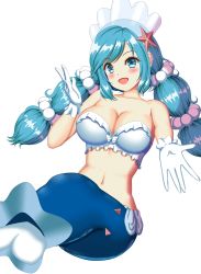 Rule 34 | 1girl, :d, bandeau, bikini, bikini top only, blue eyes, blue hair, blush, breasts, cleavage, creatures (company), eyelashes, game freak, gen 7 pokemon, gloves, highres, large breasts, looking at viewer, mermaid, midriff, monster girl, navel, nintendo, open mouth, personification, pokemon, primarina, simple background, smile, solo, swimsuit, twintails, white background, white gloves, yukimura chisa