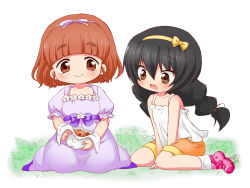 Rule 34 | 2girls, aged down, artist name, black hair, blunt bangs, bob cut, braid, brown eyes, camisole, closed mouth, commentary, cookie, dress, food, frilled sleeves, frills, girls und panzer, grass, hair ribbon, hair tie, handkerchief, highres, holding, long hair, looking at another, low twin braids, low twintails, medium dress, multiple girls, on ground, open mouth, orange eyes, orange hair, orange shorts, pink footwear, puffy short sleeves, puffy sleeves, purple dress, purple ribbon, putipuni, reizei mako, ribbon, shoes, short hair, short sleeves, shorts, side-by-side, signature, sitting, smile, socks, takebe saori, twin braids, twintails, v arms, wariza, white background, white camisole, white socks, yellow ribbon