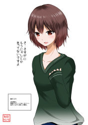 Rule 34 | 10s, 1girl, :d, aged up, alternate costume, blush, brown eyes, brown hair, casual, collarbone, contemporary, highres, kantai collection, looking at viewer, mutsuki (kancolle), open mouth, short hair, simple background, smile, solo, sweat, sweater, translation request, white background, yano toshinori