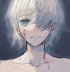 Rule 34 | 1boy, bandaid, bandaid on cheek, bandaid on face, blood, blood on face, blue background, blue eyes, blue flower, clip studio paint (medium), collarbone, commentary, crying, crying with eyes open, english commentary, flower, forget-me-not (flower), hair over one eye, hoshi-pan, implied nudity, looking at viewer, open mouth, original, sad smile, short hair, solo, streaming tears, tears, teeth, upper body, white hair