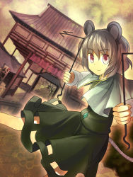 Rule 34 | 1girl, animal ears, bad id, bad pixiv id, female focus, grey hair, highres, mouse ears, mouse tail, nazrin, orga (pixiv), organ derwald, outdoors, red eyes, short hair, sky, solo, tail, touhou