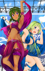 Rule 34 | 2girls, ahoge, blonde hair, blue eyes, blue hairband, blush, breasts, cleavage, commentary request, dark-skinned female, dark skin, feet out of frame, from below, green hair, hair between eyes, hair ornament, hairband, idolmaster, idolmaster cinderella girls, idolmaster million live!, idolmaster million live! theater days, large breasts, long hair, looking at viewer, medium breasts, multiple girls, natalia (idolmaster), open mouth, outdoors, purple eyes, revealing clothes, shimabara elena, skirt, smile, standing, yanngoto