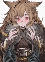 Rule 34 | 1girl, animal ears, aogisa, arknights, blush, brown hair, ceobe (arknights), commentary, dog ears, dog girl, fang, highres, long hair, long sleeves, parted lips, red eyes, scarf, skin fang, symbol-only commentary, upper body