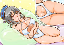 Rule 34 | 1girl, absurdres, ass, azur lane, beret, black hair, blue headwear, breasts, butt crack, casual one-piece swimsuit, commentary request, commission, cosplay, cowboy shot, criss-cross halter, halterneck, hat, highres, historical name connection, inset, kantai collection, large breasts, looking at viewer, lying, mikan ame q, multiple views, name connection, on side, one-piece swimsuit, pillow, pixiv commission, red eyes, short hair, swimsuit, takao (azur lane), takao (azur lane) (cosplay), takao (beach rhapsody) (azur lane), takao (kancolle), white one-piece swimsuit
