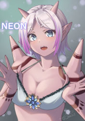 Rule 34 | aqua bikini, arm tattoo, bikini, blue eyes, breasts, cleavage, collarbone, dragon quest, dragon quest x, fangs, highres, horns, large breasts, lips, looking at viewer, multicolored hair, ogre (dq10), open mouth, parted bangs, pink hair, pointy ears, pulling own clothes, raiz art works, short hair, shoulder spikes, shoulder tattoo, spikes, strap pull, streaked hair, swimsuit, tattoo, tongue, upper body, white hair
