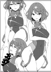 Rule 34 | 1boy, 1girl, bare arms, bare shoulders, between breasts, breast hold, breasts, censored, competition swimsuit, covered navel, gem, grabbing, grabbing another&#039;s breast, greyscale, hair ornament, headpiece, heart, heart censor, highres, jewelry, large breasts, looking at viewer, monochrome, naughty face, nintendo, one-piece swimsuit, open mouth, paizuri, penis, pyra (pro swimmer) (xenoblade), pyra (xenoblade), short hair, smile, solo focus, swept bangs, swimsuit, tetora (yumejihuka), thighs, tiara, white background, wide hips, xenoblade chronicles (series), xenoblade chronicles 2