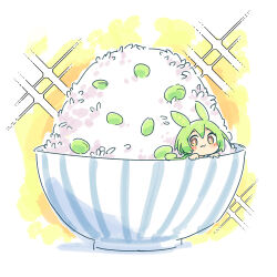 Rule 34 | 1girl, :3, animal ears, ayakashi (monkeypanch), blush stickers, bowl, bright pupils, chibi, commentary, edamame, food, green hair, hair between eyes, highres, in bowl, in container, light blush, long hair, looking at viewer, low ponytail, rice, rice bowl, solo, sparkle, voicevox, white background, white pupils, yellow background, yellow eyes, zundamon