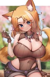 Rule 34 | 1girl, animal ear fluff, animal ears, black shorts, blue eyes, blush, bottle, breasts, brown gloves, brown sweater, cleavage, commentary, covered navel, english commentary, eyes visible through hair, fingerless gloves, gloves, highres, holding, holding bottle, kaptivate, large breasts, looking at viewer, meme attire, mole, mole under eye, multicolored hair, open-chest sweater, original, short shorts, shorts, smile, solo, streaked hair, sweater, tail, virtual youtuber, white hair
