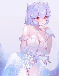Rule 34 | 1girl, alternate costume, bao (vtuber), bare shoulders, blue hair, breasts, cleavage, english text, frills, highres, indie virtual youtuber, jewelry, looking at viewer, medium breasts, nail polish, navel, necklace, panties, red eyes, shan lan, smile, solo, underwear, virtual youtuber, whale girl, white panties