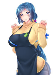 Rule 34 | 1girl, :&lt;, apron, blue eyes, blue hair, breasts, denim, frown, gundam, gundam build fighters, haro button badge, highres, hip focus, huge breasts, iori rinko, jeans, long hair, matching hair/eyes, mature female, megatama, pants, parody, ponytail, rei no himo, ribbed sweater, simple background, solo, sweater, very long hair, white background