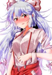 Rule 34 | 1girl, blush, bow, breast pocket, breasts, commentary request, cowboy shot, fujiwara no mokou, hair between eyes, hair bow, highres, long hair, looking at viewer, medium breasts, nose blush, ofuda, open fly, oshiaki, pants, parted lips, pocket, red eyes, red pants, shirt, short sleeves, silver hair, simple background, solo, standing, suspenders, sweat, torn clothes, torn sleeves, touhou, v-shaped eyebrows, very long hair, white background, white bow, white shirt, wing collar, wrist cuffs