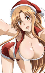 Rule 34 | 1girl, armpits, ass, asuna (sao), blush, breasts, brown eyes, brown hair, christmas, cleavage, explorador sei, female focus, large breasts, long hair, looking at viewer, nipples, open mouth, solo, sword art online