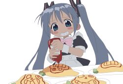 Rule 34 | 1girl, alternate costume, apron, aqua eyes, aqua hair, blush stickers, bow, clenched teeth, doppelschwert, dress, enmaided, food, food art, frilled apron, frilled dress, frills, grimace, hatsune miku, highres, juliet sleeves, ketchup, ketchup bottle, long sleeves, maid, maid apron, omelet, omurice, pink bow, plate, puffy sleeves, sans (undertale), solo, teeth, twintails, undertale, upper body, vocaloid, white apron, white background