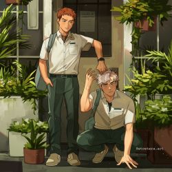 Rule 34 | 2boys, commentary, day, display, english commentary, etceteraart, flower shop, hands on another&#039;s head, highres, looking at another, multiple boys, original, outdoors, pants, plant, potted plant, red hair, shirt, shop, short hair, standing, storefront, uniform, watch, wristwatch