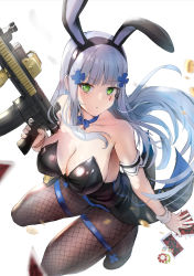Rule 34 | 1girl, animal ears, arm strap, assault rifle, bare shoulders, black hairband, black leotard, blue ribbon, blunt bangs, blurry, breasts, brown pantyhose, card, cleavage, closed mouth, coattails, collarbone, depth of field, fake animal ears, fishnet pantyhose, fishnets, from above, girls&#039; frontline, green eyes, gun, h&amp;k hk416, hair ornament, hairband, himonoata, hk416 (girls&#039; frontline), holding, holding gun, holding weapon, large breasts, leotard, long hair, looking at viewer, looking up, neck ribbon, pantyhose, playboy bunny, playing card, poker chip, rabbit ears, ribbon, rifle, sidelocks, simple background, solo, strapless, strapless leotard, trigger discipline, very long hair, weapon, white background, wrist cuffs
