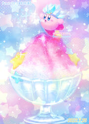 Rule 34 | :o, artist name, blue eyes, blush, blush stickers, breath weapon, breathing ice, commentary request, copy ability, crown, crystal, dated, food, ice crystal, ice kirby, kirby, kirby (series), kumaoka pon, multicolored background, nintendo, no humans, open mouth, pixiv id, shaved ice, simple background, solo, sparkle, star (symbol), star in eye, symbol in eye, twitter username, watermark