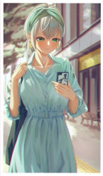 Rule 34 | 1girl, absurdres, alternate costume, alternate hairstyle, bag, blush, breasts, casual, cellphone, dress, earrings, green eyes, handbag, highres, hololive, jewelry, large breasts, looking at phone, phone, roco (rocoroco1115), shirogane noel, short hair, silver hair, smile, solo, virtual youtuber