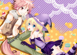 Rule 34 | 1boy, 1girl, animal ears, ass, blonde hair, breasts, cake, candy, elbow gloves, fairy tail, food, gloves, halloween, hat, lucy heartfilia, morizuki yuma, natsu dragneel, paw gloves, pink hair, skirt, tail, thighhighs, witch hat