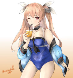 Rule 34 | 1girl, blue jacket, blue one-piece swimsuit, breasts, brown eyes, casual one-piece swimsuit, cleavage, collarbone, commentary request, detached collar, drink, drinking, drinking straw, gradient background, highres, jacket, johnston (kancolle), kantai collection, ld (luna dial398), light brown hair, long hair, looking at viewer, medium breasts, one-hour drawing challenge, one-piece swimsuit, one eye closed, orange background, painttool sai (medium), solo, swimsuit, twitter username, two side up, white background