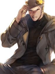 Rule 34 | 1boy, black shirt, facial hair, grey hair, grey hat, grey jacket, grin, hand in pocket, hat, headphones, headphones over headwear, iwai munehisa, jacket, looking at viewer, male focus, mouth hold, open clothes, open jacket, pants, persona, persona 5, shirt, sideburns, simple background, smile, solo, sonomi, teeth hold, twitter username, white background