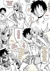 Rule 34 | 1boy, 1girl, bathroom, breasts, cleavage, comic, long hair, monkey d. luffy, nami (one piece), naughty face, nude, one piece, shower, smile