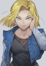 Rule 34 | 1girl, android 18, arm at side, bad id, bad pixiv id, black shirt, blonde hair, blue eyes, breast pocket, breasts, buttons, closed mouth, collarbone, denim, denim jacket, dragon ball, dragonball z, earrings, floating hair, grey background, hand in own hair, hoop earrings, jacket, jewelry, libeuo (liveolivel), long sleeves, looking at viewer, medium breasts, pocket, shirt, short hair, simple background, smile, solo, straight hair, striped, striped sleeves, upper body, waistcoat