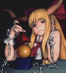 Rule 34 | 1girl, bare arms, bare shoulders, blonde hair, bow, brown eyes, chain, closed mouth, envenomist (gengoroumaru), expressionless, hair bow, half-closed eyes, hand on own cheek, hand on own face, hands up, horn ornament, horn ribbon, horns, ibuki suika, long hair, oni, pointy ears, red neckwear, ribbon, scrunchie, shirt, sleeveless, sleeveless shirt, solo, touhou, twitter username, upper body, wrist cuffs, wrist scrunchie
