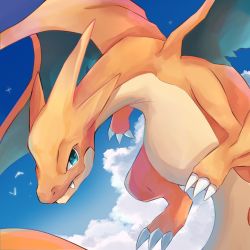 Rule 34 | bird, charizard, claws, closed mouth, cloud, commentary request, creatures (company), day, fang, fang out, flying, game freak, gen 1 pokemon, goma (nabepa nabepa), green eyes, highres, mega charizard y, mega pokemon, nintendo, no humans, outdoors, pokemon, pokemon (creature), sky, solo