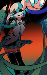 Rule 34 | 1girl, aqua background, aqua eyes, aqua hair, aqua nails, aqua necktie, bare shoulders, black skirt, black sleeves, black thighhighs, collared shirt, commentary request, detached sleeves, feet out of frame, foreshortening, gradient background, grey shirt, hair between eyes, hair ornament, hatsune miku, highres, long hair, long sleeves, looking at viewer, machigami yoh, miniskirt, nail polish, necktie, open mouth, orange background, reaching, reaching towards viewer, shirt, skirt, sleeveless, sleeveless shirt, solo, standing, thighhighs, twintails, very long hair, vocaloid, watermark, zettai ryouiki
