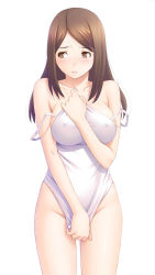 Rule 34 | blush, breasts, brown eyes, brown hair, covering privates, kuri (kurigohan), large breasts, long hair, nipples, one-piece swimsuit, swimsuit, tagme, white one-piece swimsuit