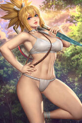 Rule 34 | 1girl, armpits, bare arms, blonde hair, breasts, commentary, cowboy shot, crop top, dr. stone, english commentary, forest, fundoshi, green eyes, grey choker, grey tank top, hand on own hip, holding, holding knife, japanese clothes, knife, kohaku (dr. stone), leg up, lips, medium breasts, mixed-language commentary, nature, navel, neoartcore, outdoors, paid reward available, parted lips, pink nails, ponytail, short hair, solo, tank top, thai commentary