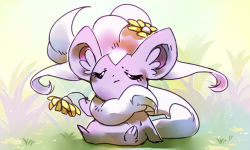 Rule 34 | cinccino, closed mouth, commentary, creature, creatures (company), english commentary, closed eyes, facing viewer, flower, frown, full body, game freak, gen 5 pokemon, grass, hair flower, hair ornament, nintendo, no humans, pinkgermy, pokemon, pokemon (creature), sitting, solo