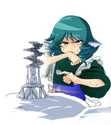 Rule 34 | 1girl, blush, dress, drill hair, fins, green dress, green eyes, green hair, hand to own mouth, hands up, head fins, highres, holding, japanese clothes, kimono, long sleeves, looking at viewer, matching hair/eyes, mermaid, monster girl, obi, pebble, ribbon, rock, sash, short hair, simple background, solo, stone, sweat, sweatdrop, touhou, upper body, usagi (touhopu2), wakasagihime, white background, wide sleeves, wiping mouth