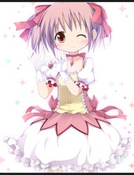 Rule 34 | 10s, 1girl, bad id, bad pixiv id, blush, gloves, hair ribbon, kaname madoka, maccha, magical girl, mahou shoujo madoka magica, mahou shoujo madoka magica (anime), one eye closed, pink hair, red eyes, ribbon, short hair, short twintails, smile, solo, twintails, wink