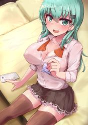 Rule 34 | 1girl, aqua eyes, aqua hair, ascot, bed, black skirt, breasts, brown skirt, brown thighhighs, cellphone, cleavage, commentary request, condom, condom wrapper, feet out of frame, frilled skirt, frills, hair ornament, hairclip, highres, kantai collection, kihou no gotoku dmc, large breasts, long hair, looking at viewer, nipples, open clothes, open mouth, phone, pleated skirt, school uniform, see-through, sitting, skirt, smile, solo, suzuya (kancolle), thighhighs