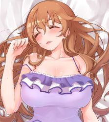 Rule 34 | 1girl, bed sheet, blush, breasts, brown hair, cleavage, closed eyes, frilled swimsuit, frills, hair spread out, hand up, konoe kanata, large breasts, long hair, love live!, love live! nijigasaki high school idol club, lying, nasuno (nasuno42), on back, on bed, one-piece swimsuit, parted lips, purple one-piece swimsuit, solo, strap slip, sweat, swimsuit