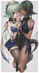 Rule 34 | 2girls, absurdres, animal ears, asymmetrical docking, au ra, bare arms, bare shoulders, black dress, black horns, border, breast press, breasts, commission, covered erect nipples, cropped legs, crossover, dark-skinned female, dark skin, dress, face-to-face, final fantasy, final fantasy xiv, fingernails, frilled leotard, frills, garter straps, genshin impact, glasses, gloves, green hair, grey background, hair between eyes, hair intakes, hat, highres, holding hands, horns, leg between thighs, leotard, long hair, looking at viewer, medium breasts, medium hair, multicolored hair, multiple girls, nail polish, open mouth, outside border, panties, panty peek, parted bangs, rectangular eyewear, round eyewear, rustycork, scales, semi-rimless eyewear, side slit, simple background, skeb commission, skindentation, sleeveless, sleeveless dress, smile, standing, streaked hair, sucrose (genshin impact), tail, thighhighs, two-tone hair, unaligned breasts, under-rim eyewear, underwear, vision (genshin impact), warrior of light (ff14), white border, yellow eyes, yellow nails