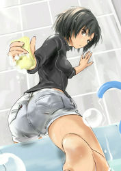 Rule 34 | 1girl, amagami, ass, barefoot, bathroom, black hair, brown eyes, bubble, cleaning, feet, from behind, holding, jewelry, kneeling, looking at viewer, looking back, murasaki iro, nanasaki ai, ring, short hair, shorts, soap bubbles, solo, sponge