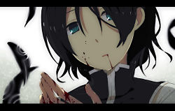Rule 34 | 00s, 1boy, androgynous, black hair, blood, blood from mouth, blood on hands, blue eyes, child, edato, feathers, gopher (soul eater), letterboxed, lowres, male focus, open mouth, short hair, solo, soul eater, trap, vest