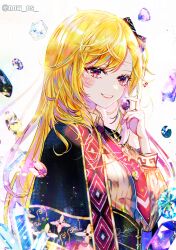 Rule 34 | 1girl, black capelet, black gemstone, blonde hair, blue gemstone, capelet, gem, grin, hair ornament, highres, holding, holding jewelry, hololive, hololive indonesia, jewelry, kaela kovalskia, long hair, long sleeves, necktie, purple gemstone, red eyes, red necktie, shirt, smile, solo, sowon, twitter username, very long hair, virtual youtuber, yellow shirt