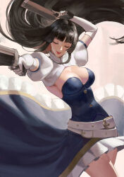 Rule 34 | 1girl, arm up, belt, black hair, blue dress, blunt bangs, breasts, cleavage, closed eyes, colored inner hair, cowboy shot, dress, dual wielding, elbow gloves, eyelashes, facing viewer, finger on trigger, floating clothes, floating hair, gloves, gun, high-low skirt, highres, hime cut, holding, holding gun, holding weapon, kaguya jingu, large breasts, lipstick, long hair, loose belt, makeup, multicolored hair, multiple belts, outstretched arm, phamoz, puffy short sleeves, puffy sleeves, red hair, red lips, short sleeves, shrug (clothing), sidelocks, smile, solo, trigger discipline, under night in-birth, under night in-birth 2 sys:celes, very long hair, weapon, white background, white gloves