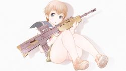 Rule 34 | 1girl, assault rifle, blue eyes, brown hair, gun, highres, l85a1 (upotte!!), no socks, open mouth, panties, rifle, school uniform, shoes, short hair, sneakers, solo, underwear, upotte!!, weapon